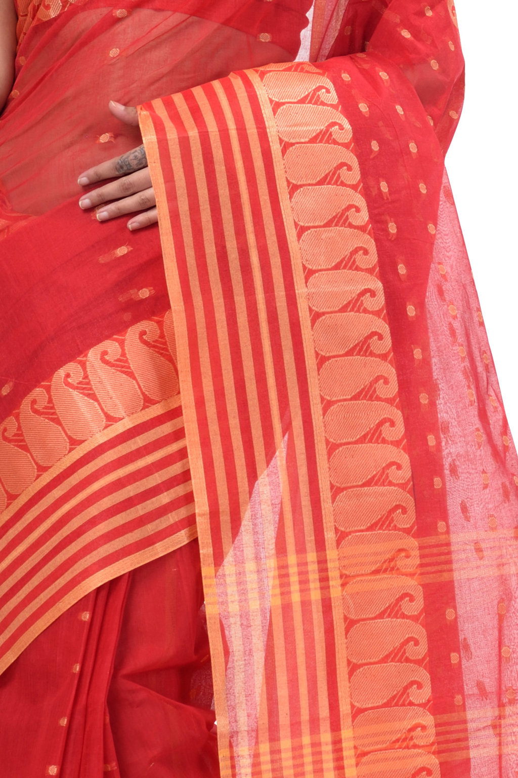 Red Pure Cotton Moti_Buti Tant Saree (745)